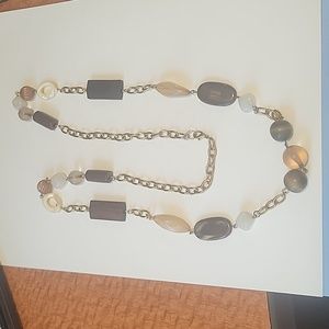 Wood and Plastic Brown, Cream, Translucent bead 36" Necklace Gold Tone Chain
